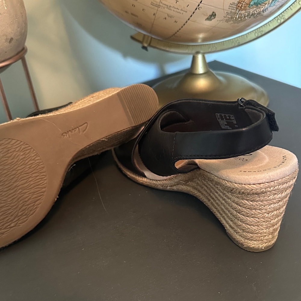 Clarks Black Leather Wedges with Tan Woven Heel - Picture 5 of 5